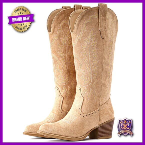 Shoes - Suede Cowboy Boots Chunky Heel Pointed Toe Western Embroidery Mid Calf Boots